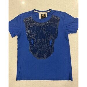 Platini Men’s Royal Blue Crew Neck Cotton Rhinestone Skull Graphic Large
